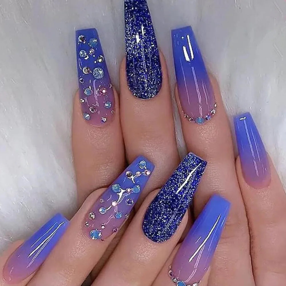 24 Pcs Long Coffin Press On Nails Colorful Pattern With Rhinestones