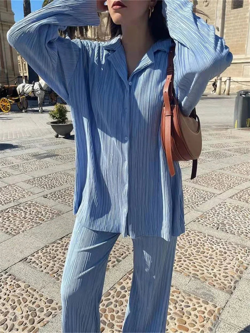 Women Pleated 2 Piece Pants Sets Loose Outfits