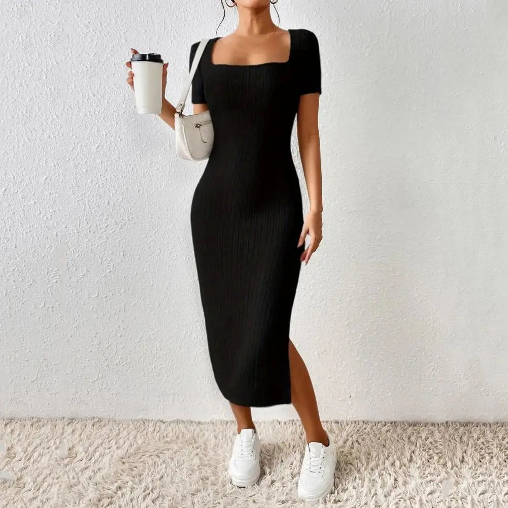 Solid Color Square Neckline Dress Midi Dress for Women