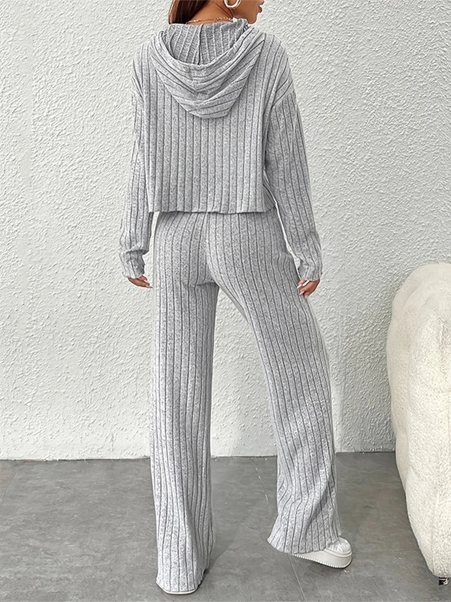 Women 2 Piece Outfits Knitted Hoodie and Wide Legs Pants