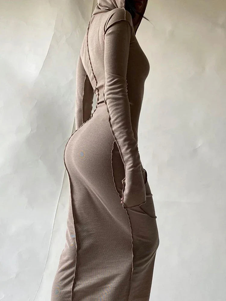 Long Sleeve Hooded Patchwork Skinny Dress