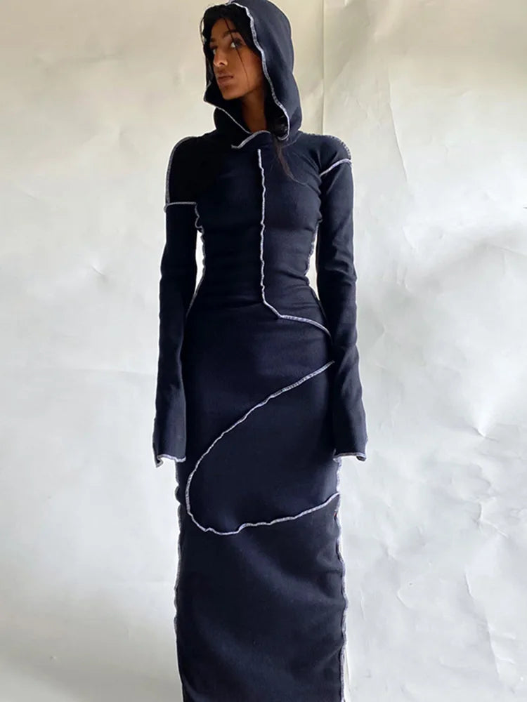 Long Sleeve Hooded Patchwork Skinny Dress