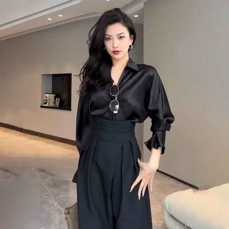 Black Design Wide-Leg Pants Women's Slimming Suit Pant