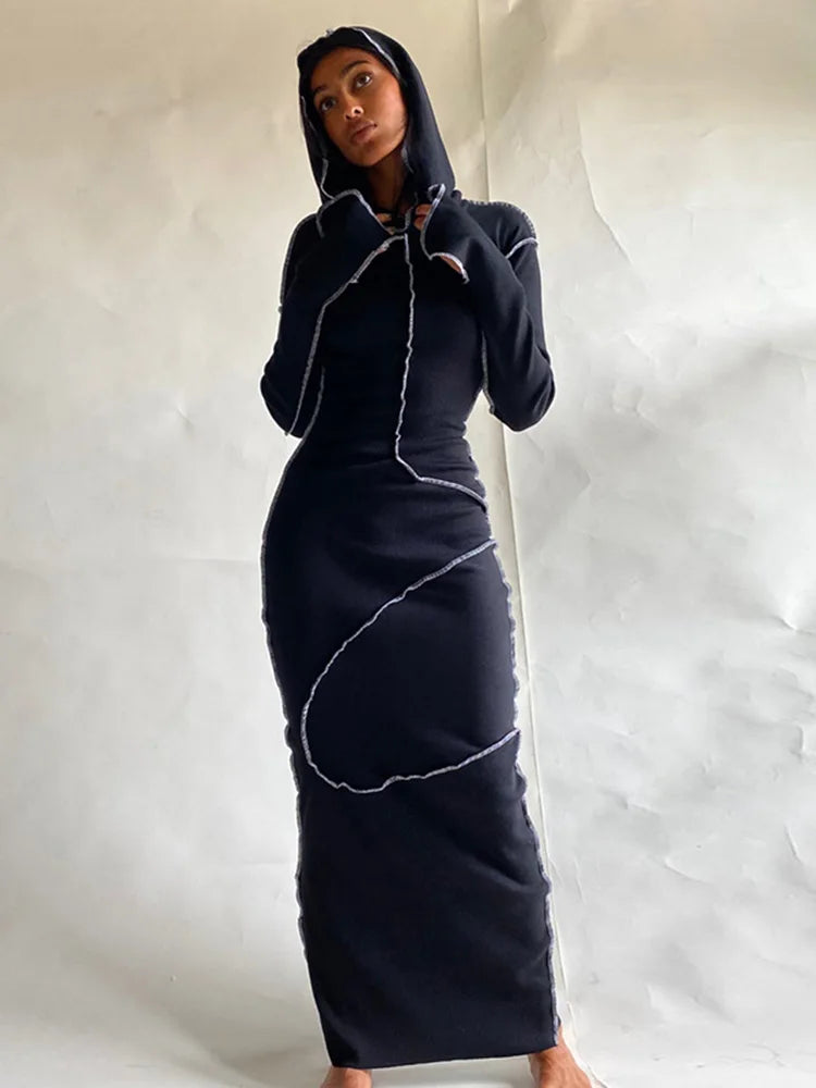 Long Sleeve Hooded Patchwork Skinny Dress