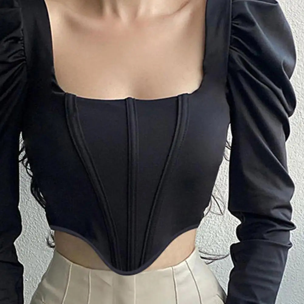 Women Crop Top Long Sleeve Square Collar