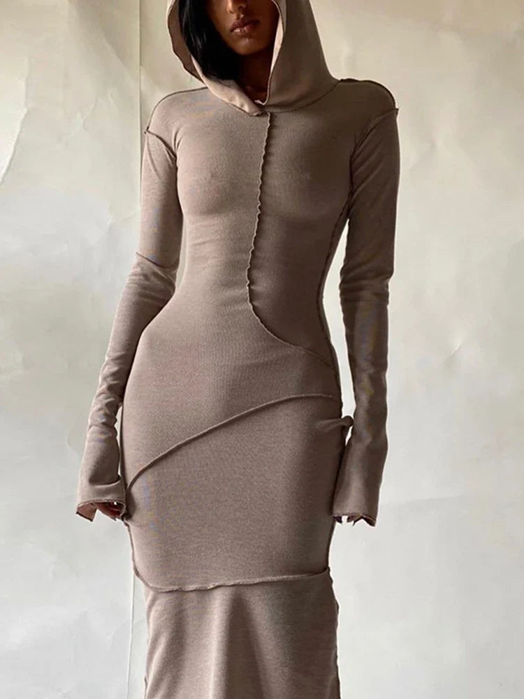 Long Sleeve Hooded Patchwork Skinny Dress