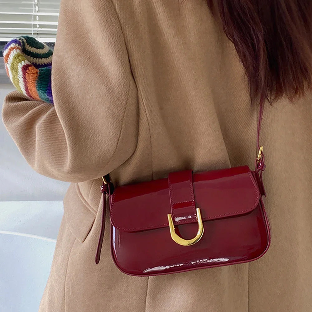 Retro Patent Leather Shoulder Bag For Women
