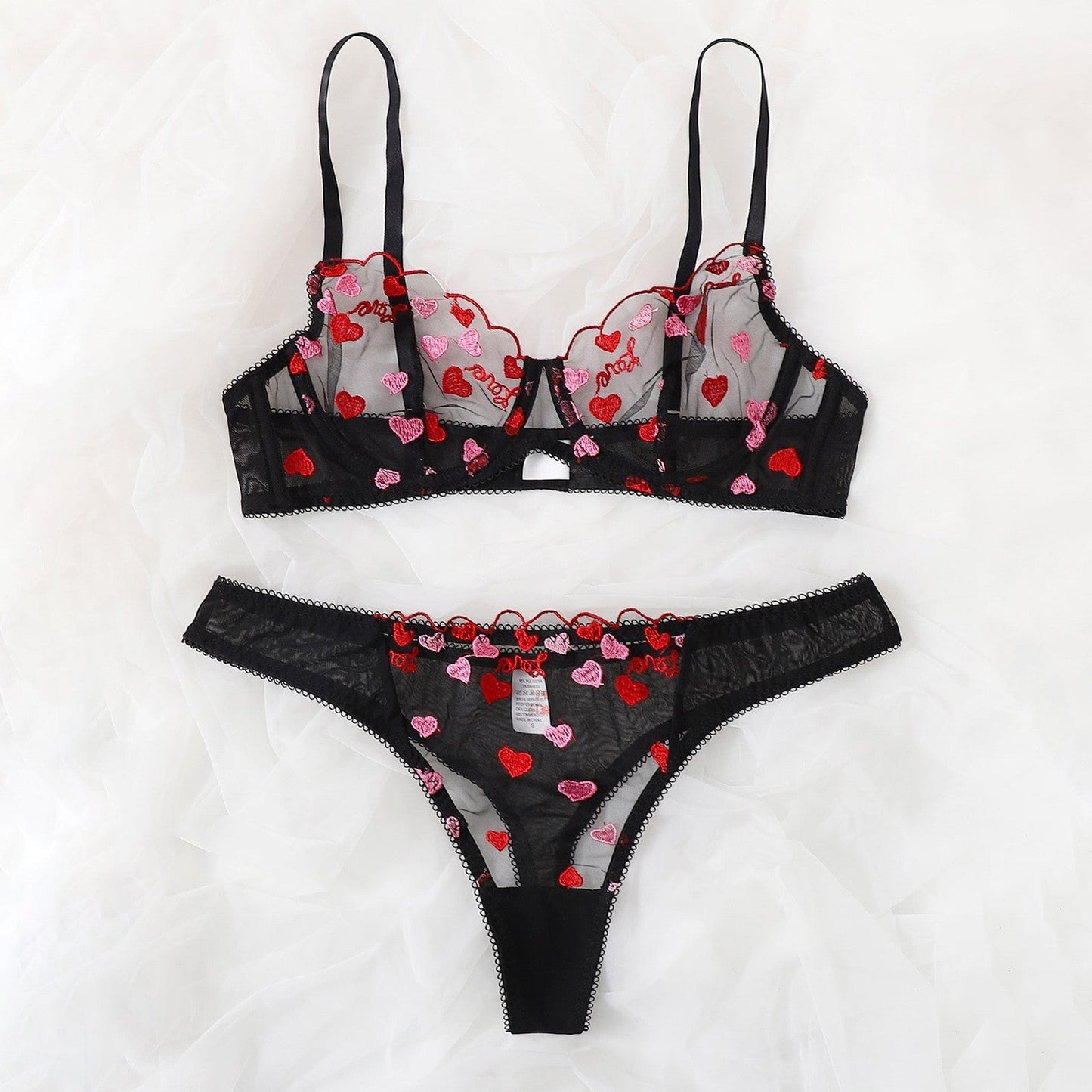 Ladies' Mesh See-through Love Three-point Sexy Suit