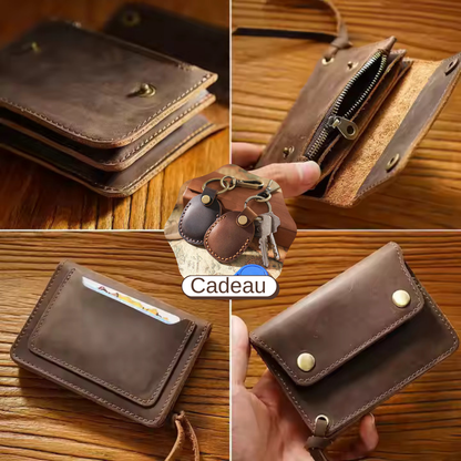 Portefeuille Vintage en Cuir Crazy Horse pour Homme – Véritable Cuir de Vache, Format Court + Étui AirTag Offert