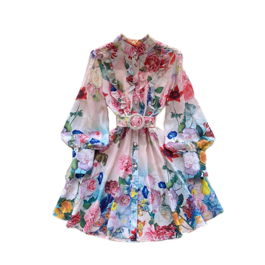 Print Belt Lantern Long Sleeve Dress