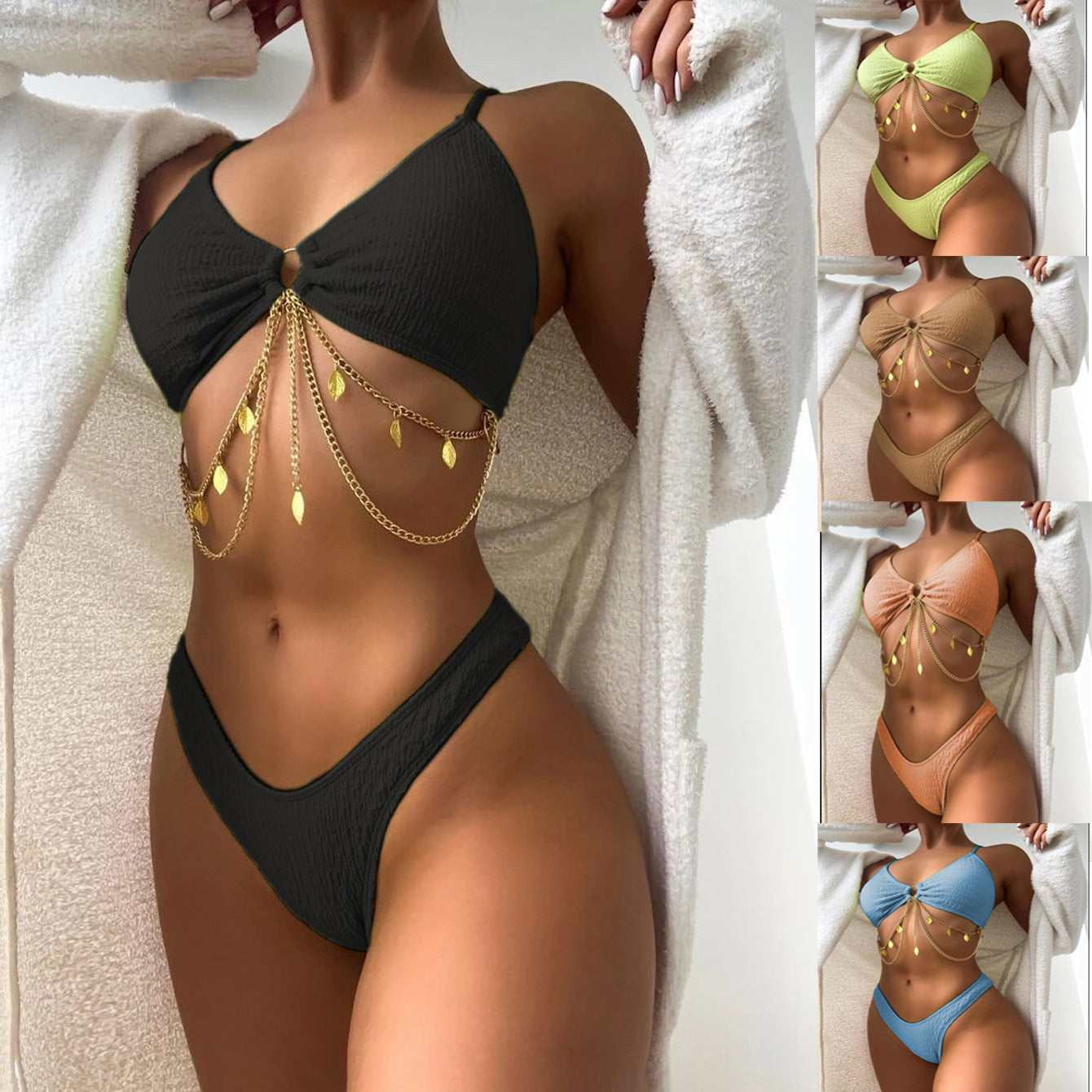 Women's Fashion Split Iron Chain Pure Color Bikini Swimsuit