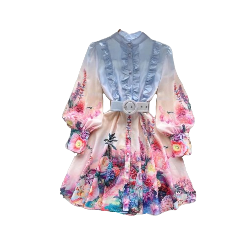 Elegant Gradien Short Dress Women's Linen Stand Long Lantern Sleeve Flower Print