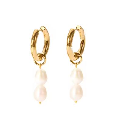 Boucles d'Oreilles Créoles Dorées avec Double Perle Pendante