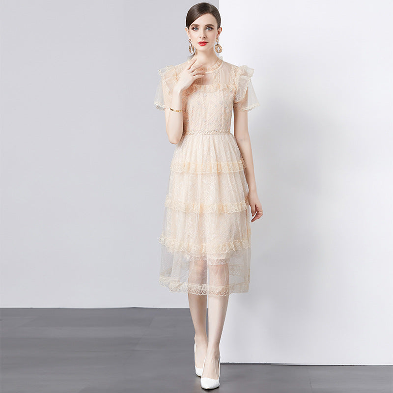 Mesh Embroidery Solid Color Goddess Temperament Cake Dress