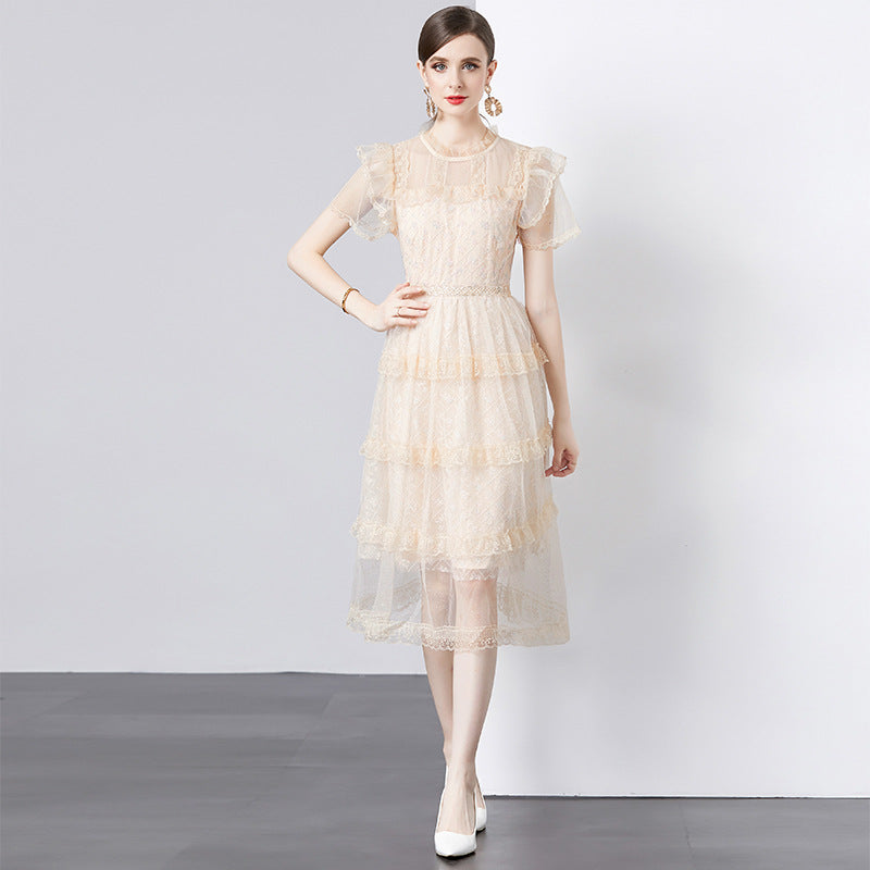 Mesh Embroidery Solid Color Goddess Temperament Cake Dress