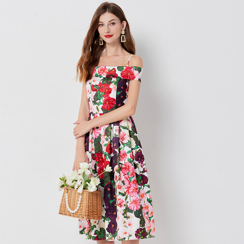 Floral print Off-shoulder Sling Dress