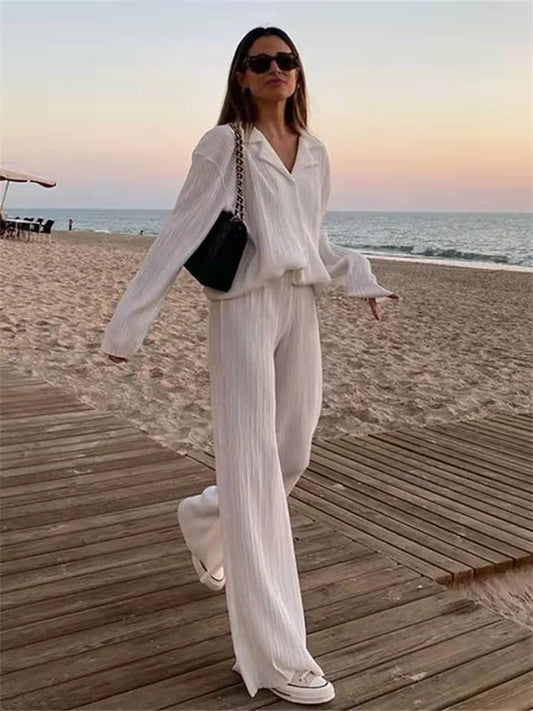 Women Pleated 2 Piece Pants Sets Loose Outfits