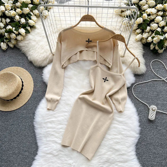Women Dress Set strap Mini Dress + Full Sleeve Crop Top Streetwear Two Piece Suits