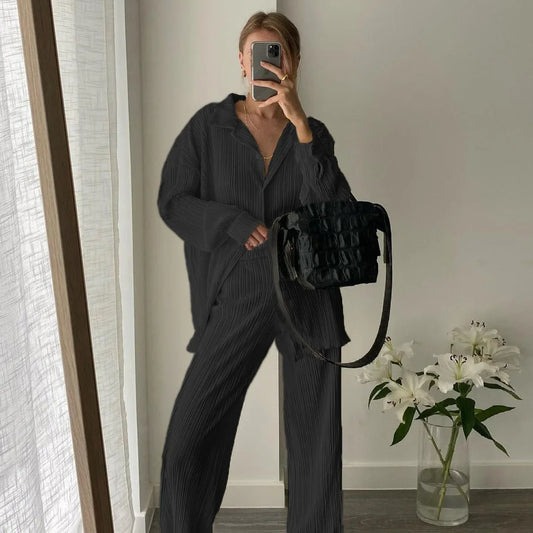 long sleeved lapel pleated shirt top with wide legs set