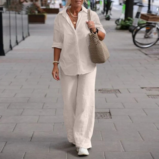 Long Sleeve Shirt Autumn Casual Solid Color Pants Wide Leg Suit