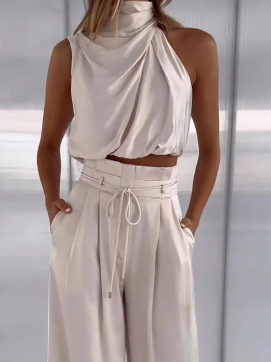 Beige Two Piece Pants Sets Women Outfit