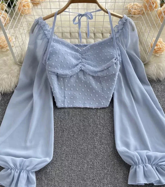 Women Short Blouse Summer Slash Neck Long Sleeve