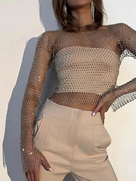 Women Sexy Mesh See Through T Shirt Shiny Rhinestone