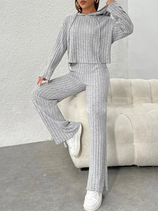 Women 2 Piece Outfits Knitted Hoodie and Wide Legs Pants