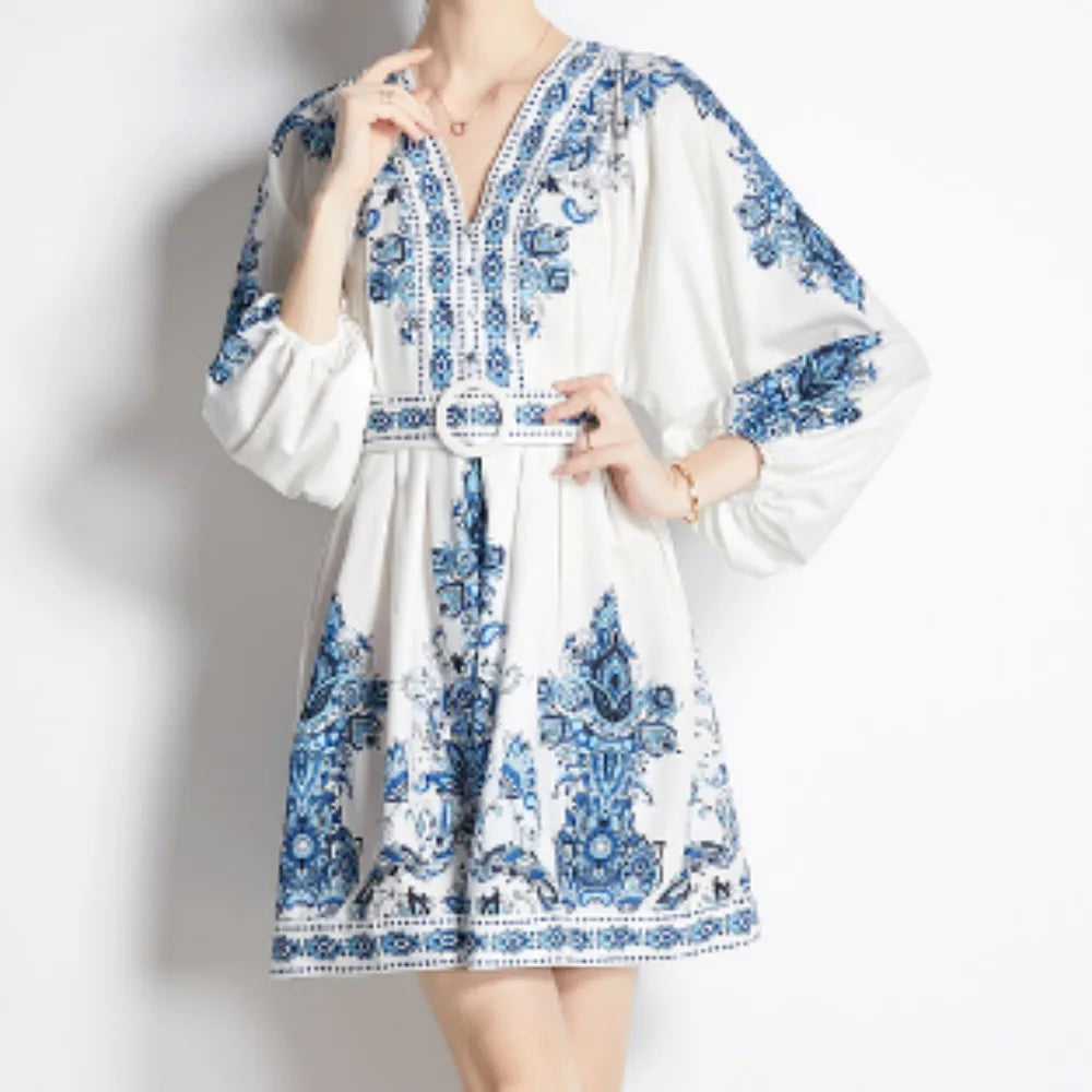 Vintage Print Elegant V-eck Long Sleeve Dress