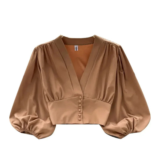 French Chic Elegant Shirts for Women V-neck Long Puff Sleeve