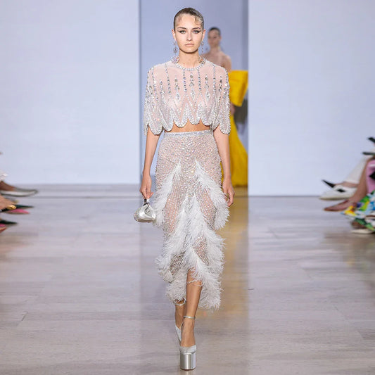 Luxury  White Feathers Two Pieces Evening Dresses